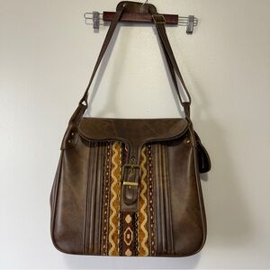 Brown Leather Shoulder Bag with Patterned Accent